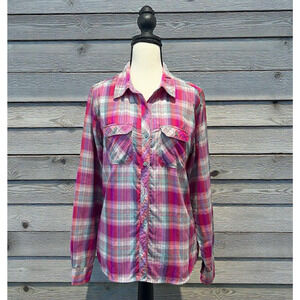 Marmot Women’s Size Large Pink Gray Plaid Button Up Roll Sleeve Pockets